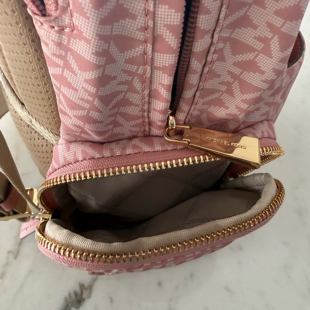 Michael Kors Pink Prescott Large Signature Logo Print Woven Backpack - Picture 12 of 15